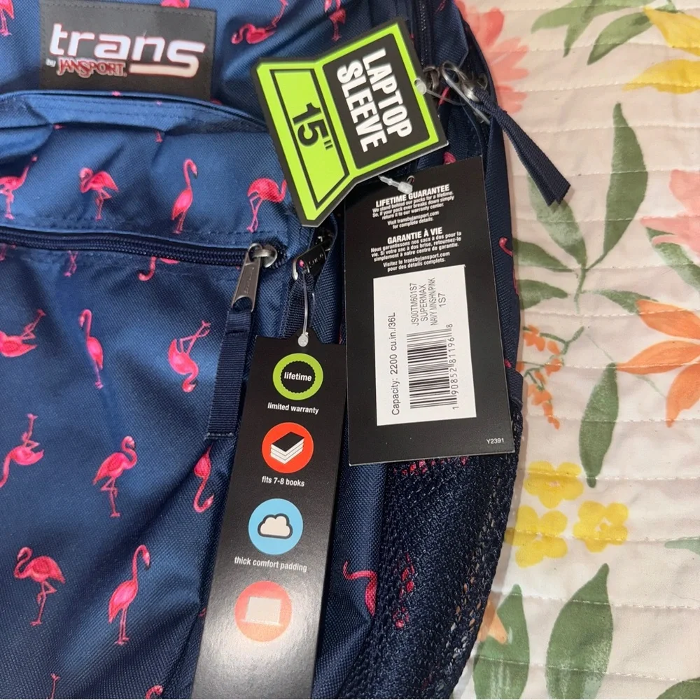 NWT Trans Jansport Supermax Navy Blue Pink Flamingo Backpack School Bookbag - Picture 3 of 6